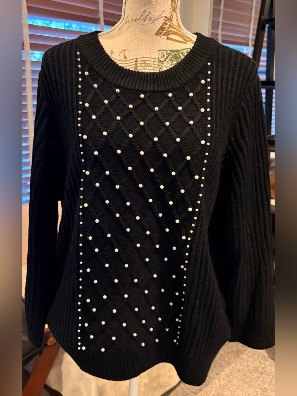 Karl Lagerfeld Black Ribbed Knit Sweater with Pearl Embellishments